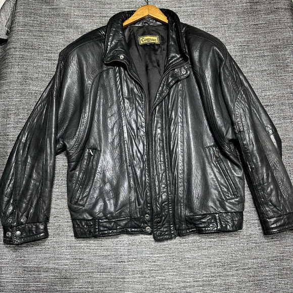 Cognac Leather Jacket Vintage Men's M Black Full Zip
